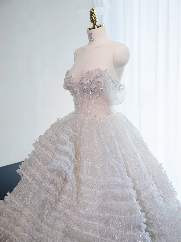 Light gray strapless, fitted waist, full skirt, long ball gown, bridal dress R8978