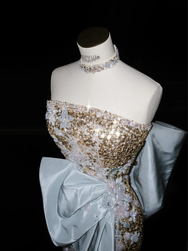 Gold sequined elegant tube top slim waist long dress, prom dress R5657