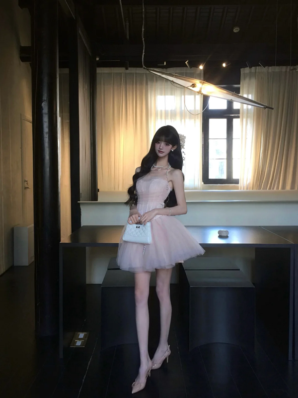 Pink tube top waist sexy puffy princess tulle skirt homecoming dress R5080