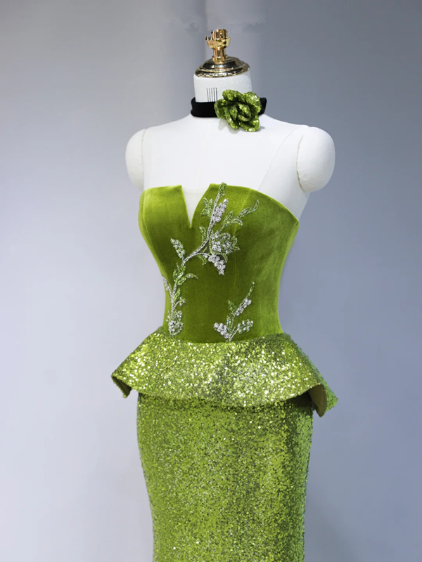 Green strapless fitted long ball gown R9038