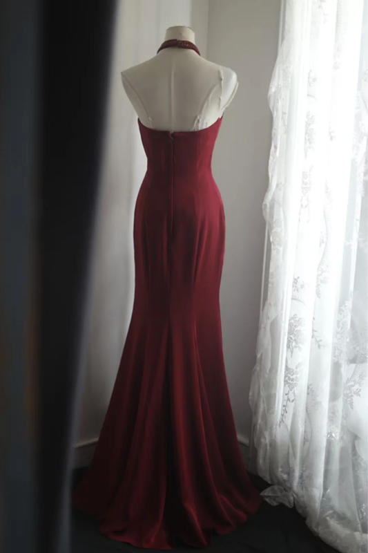 Red halter-neck, fitted waist, bodycon long ball gown R6692