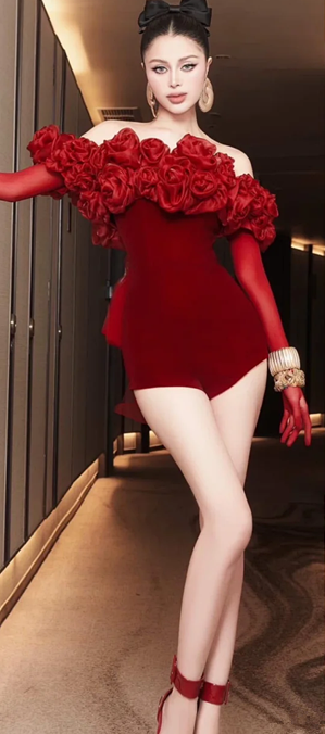 Red three-dimensional flower neckline charming sexy waist slim skirt homecoming dress R4592