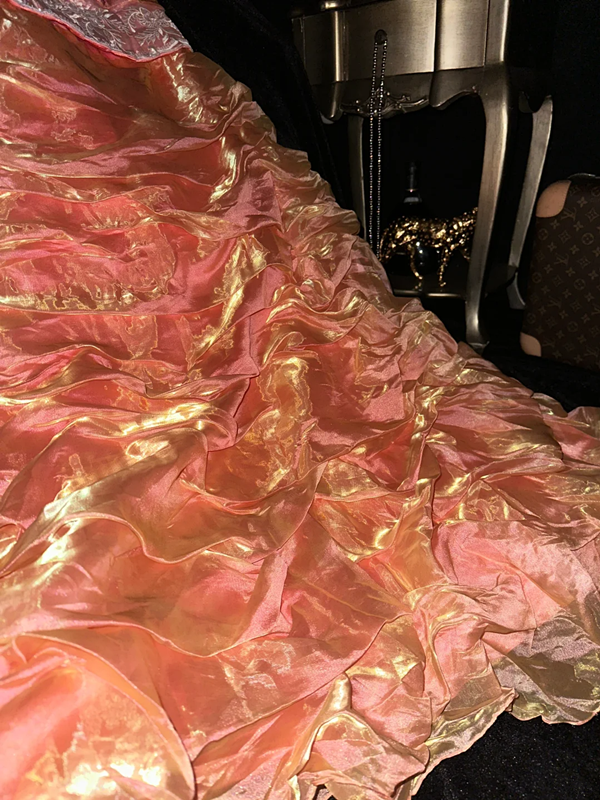 Gold and pink strapless long ball gown with a cinched waist and pleated skirt R6971