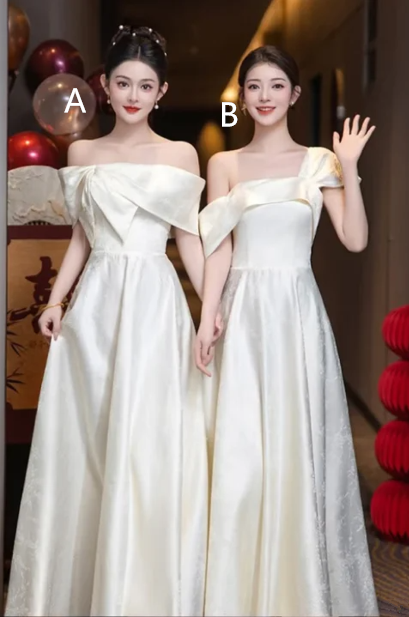 White satin one-shoulder slim waist A-line maxi ball gown, bridesmaid dress R6114