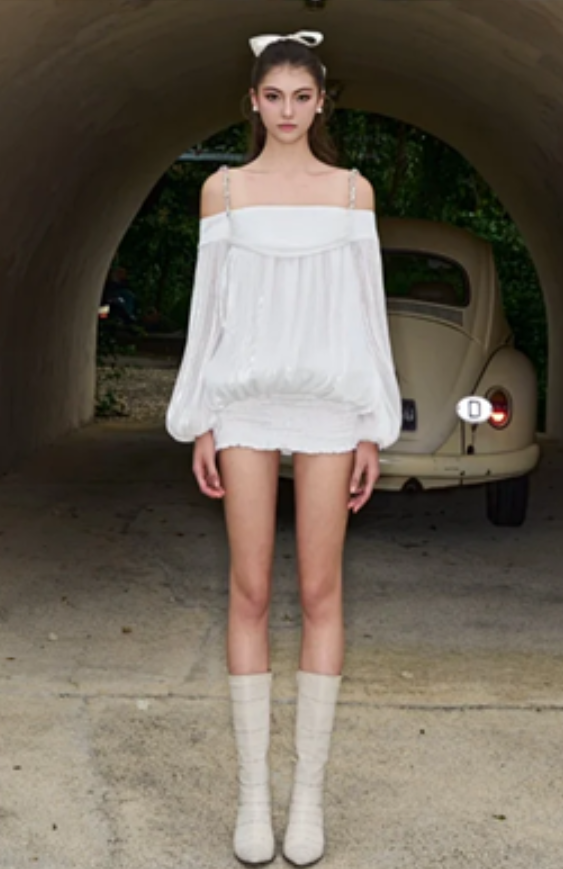 White light strap one shoulder long sleeve cute short skirt homecoming dress R4713