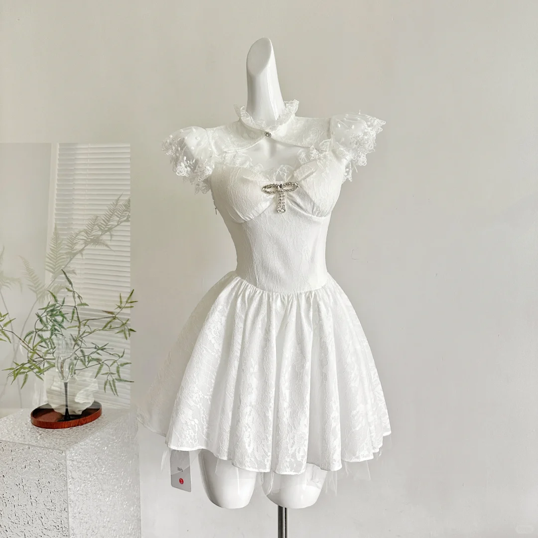 White lace short sleeve waist slim fit short skirt homecoming dress R4350