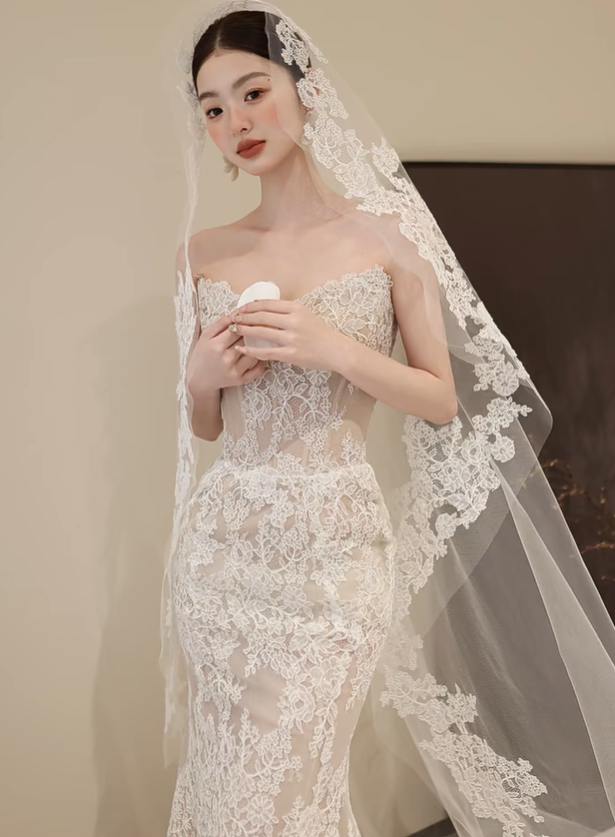 White strapless lace waist slim sexy fishtail long dress bridal gown R6053