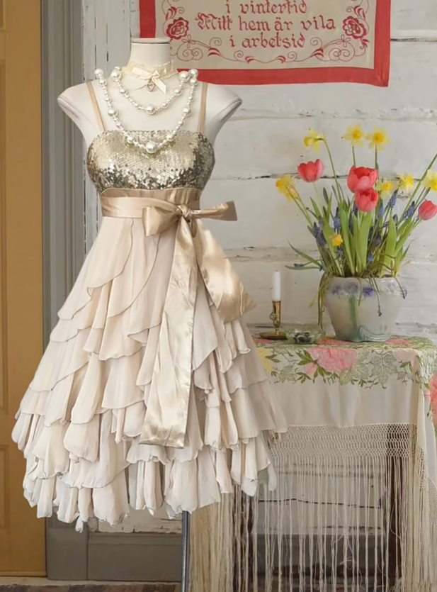 Champagne-colored strapless sequined mini dress, fitted waist, multi-layered skirt, ball gown R6253