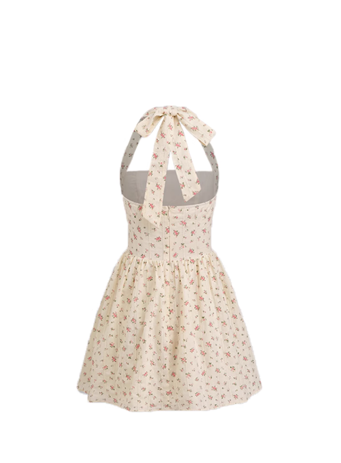 French tea break floral ruffle halter dress for summer, fresh and sweet waist slimming short skirt R3342