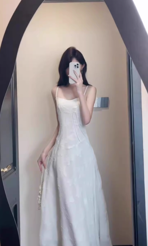 Gentle white moonlight jacquard sling dress beautiful temperament waist a-line long skirt 2025 new R0461