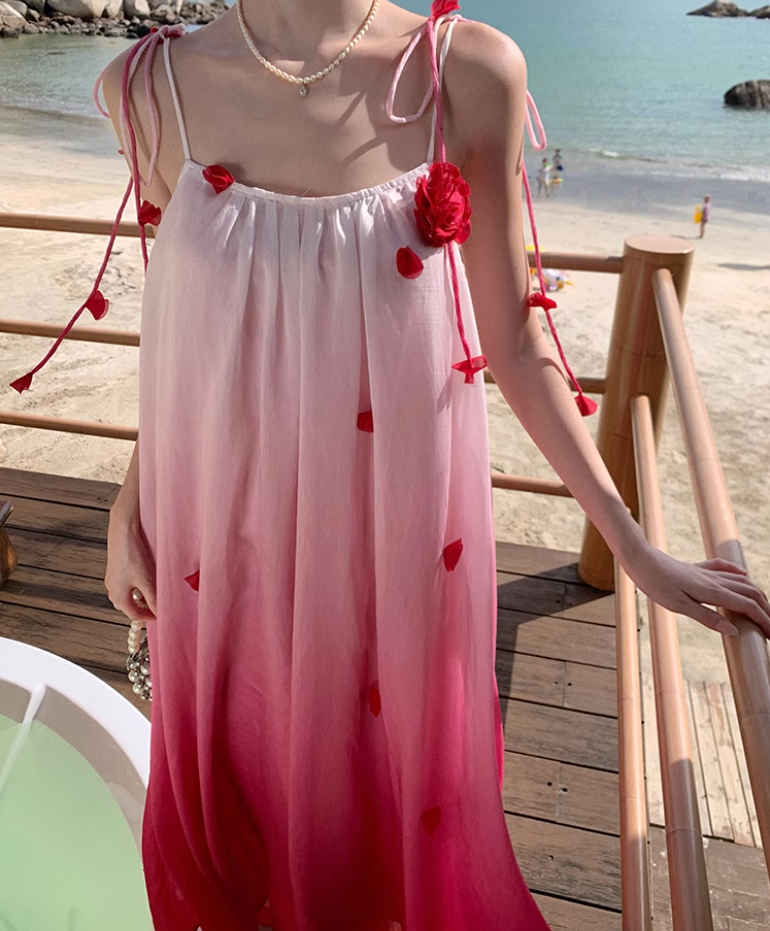 Gradient color loose suspender dress seaside holiday beach dress atmosphere long dress R1614