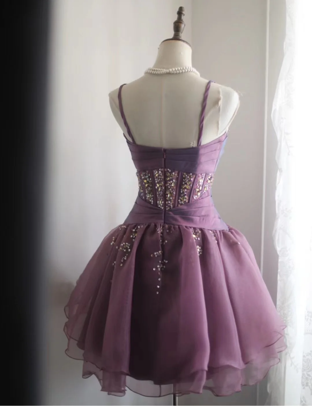 Purple diamond-studded suspender waist A-line puffy skirt homecoming dress R4146