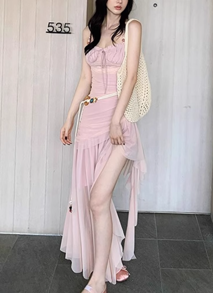 Pure desire style beaded sling dress 2025 irregular mesh fairy holiday long dress R1415