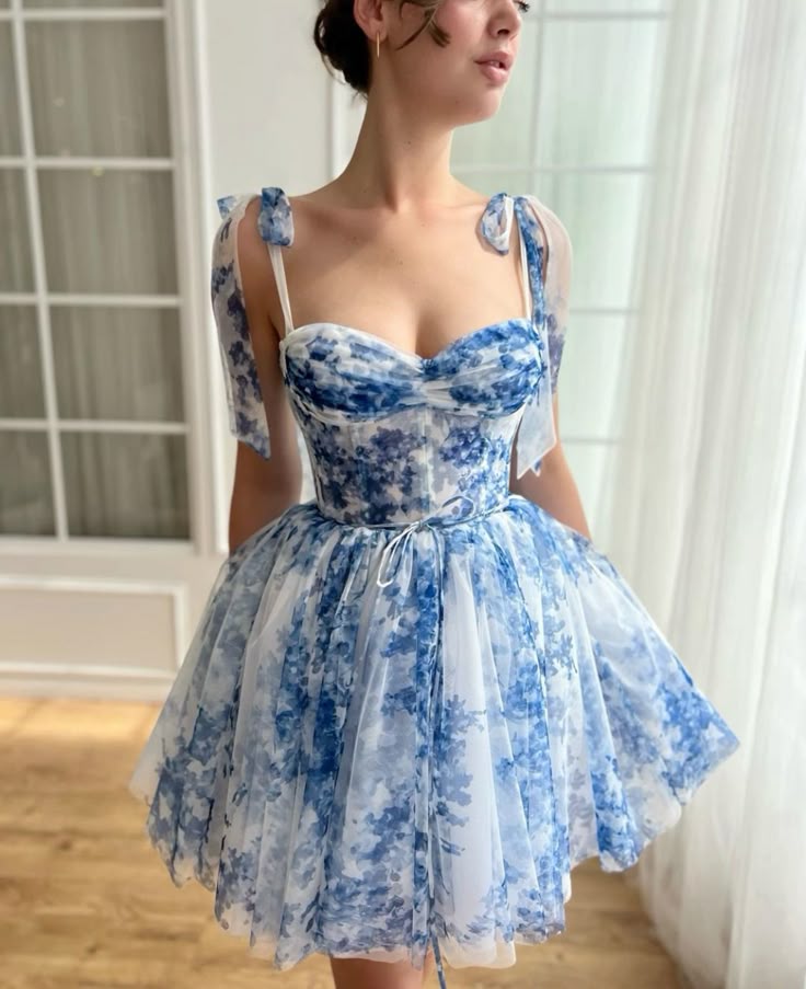 Blue floral suspenders waist puffy mini skirt homecoming dress R3119
