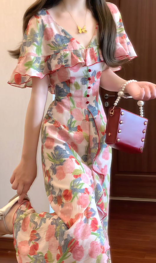 Pink floral shawl waist slim fairy gentle long skirt homecoming dress R4020