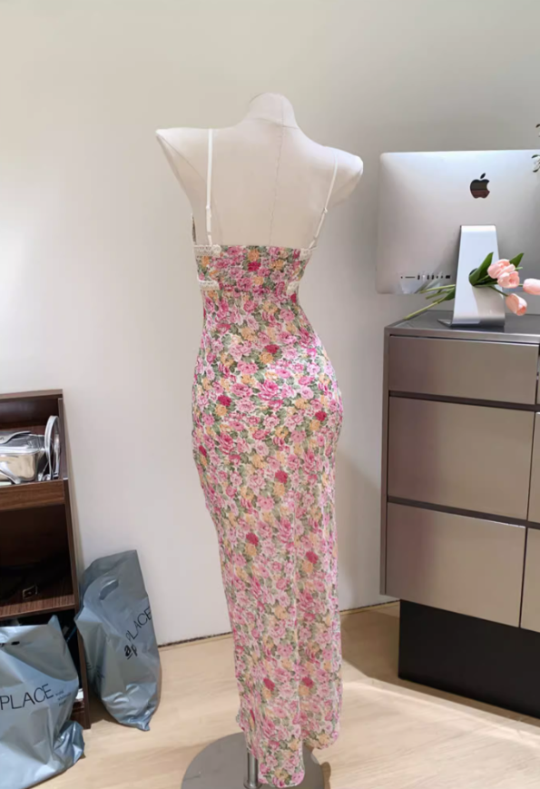 2025 floral suspender dress for women summer waist slimming seaside holiday beach long skirt R0303