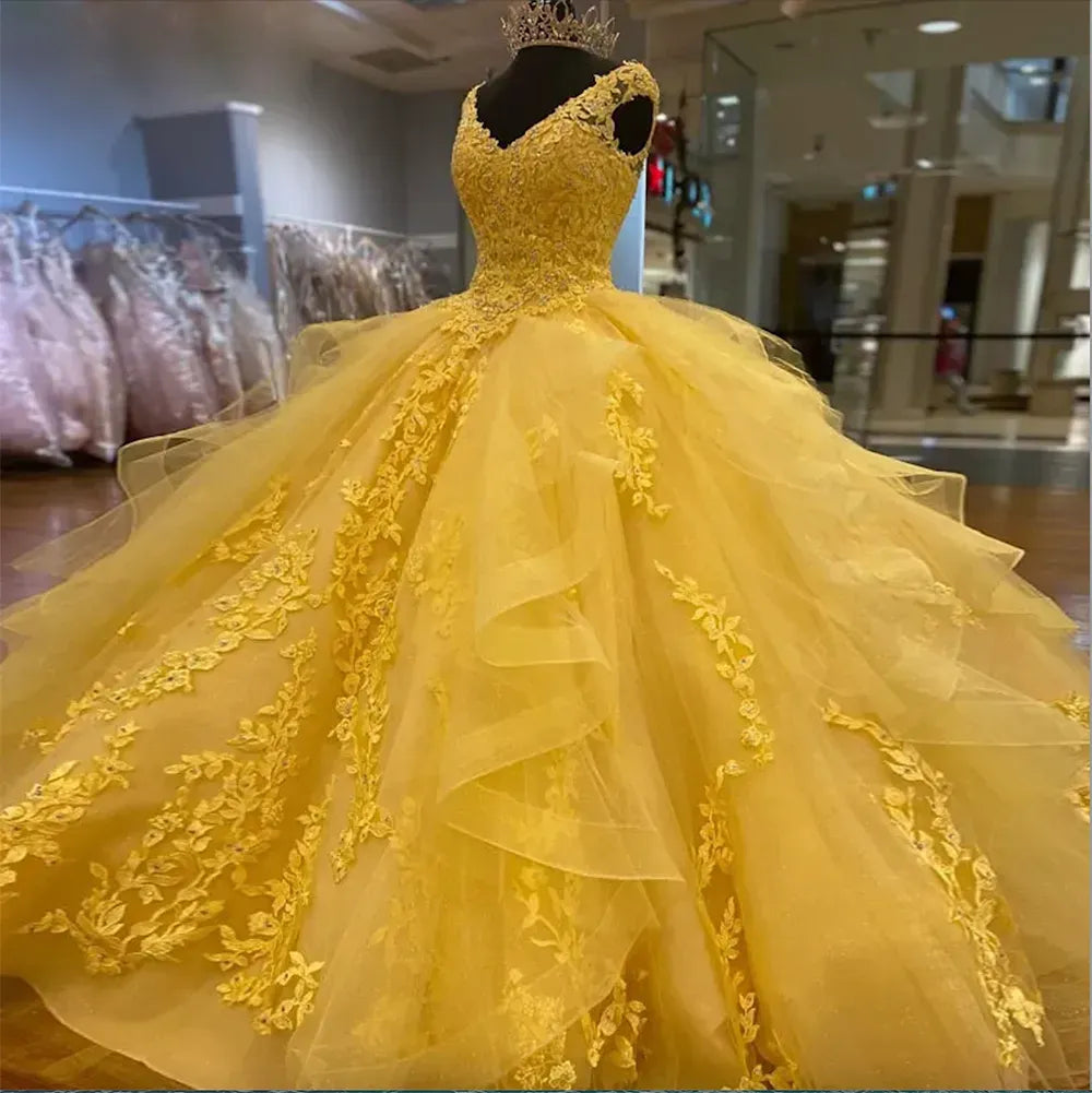 Yellow Ball Gown Prom Dresses Lace Evening Formal Party Prom Dress S1079