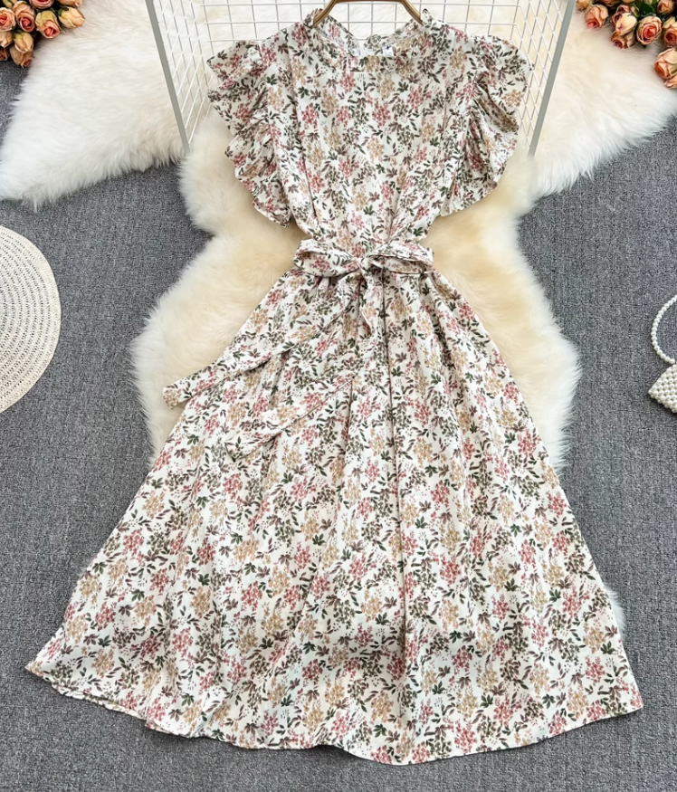 2025 Summer Gentle Style Sweet Ruffled Stand Collar Waist Slim Floral Chiffon Lotus Sleeve Dress R0408