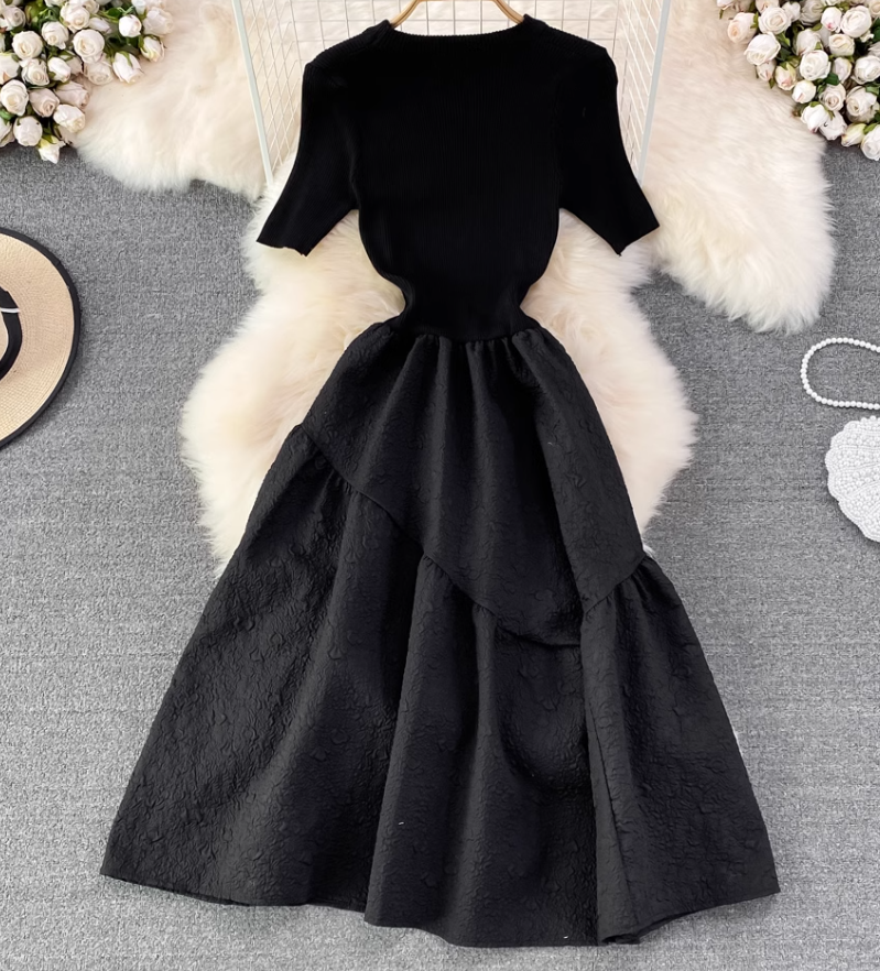 New round neck knitted waist slimming A-line jacquard dress elegant temperament long skirt R0362