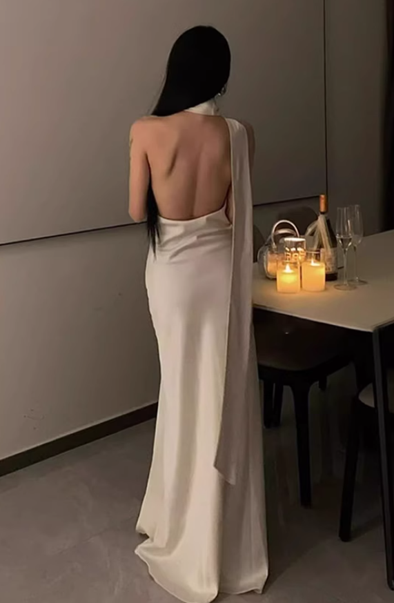 French satin off-shoulder floral dress 2025 backless ribbon evening dress R1383