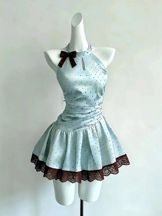 Charming Pale Blue Homecoming Dress ,A-Line High Collar Polka Dots Corset Short Prom Dress RS951