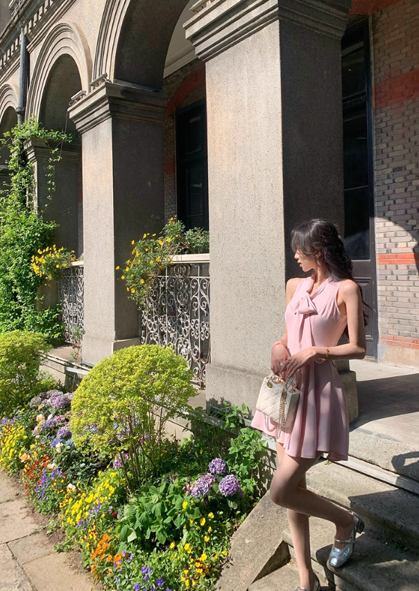 French style pink fake two-piece dress summer new temperament A-line short skirt R4341