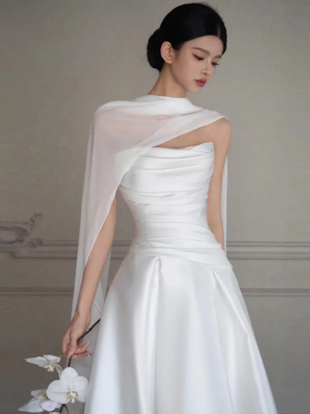 Minimalist White Silky A-Line Strapless Satin Corset Maxi Wedding Dress RS963