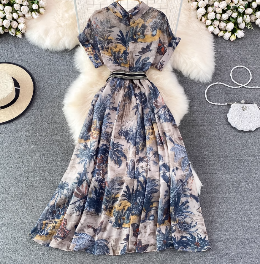 2025 socialite temperament ink painting print waist lapel single-breasted A-line big swing dress R0341