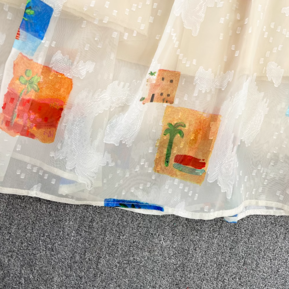 French retro temperament loose printed suspender skirt holiday beach skirt fashionable sleeveless dress R0363