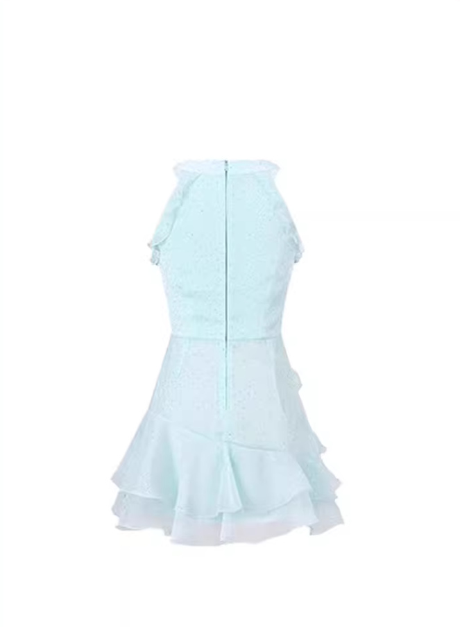 Summer refreshing romantic ruffled rhinestone halter dress R3341