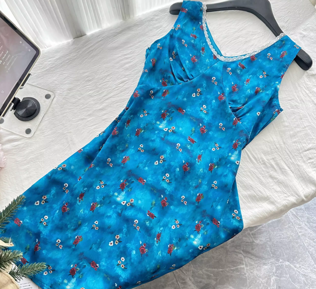 Priyanka floral V-neck chiffon waist sleeveless short dress R2059