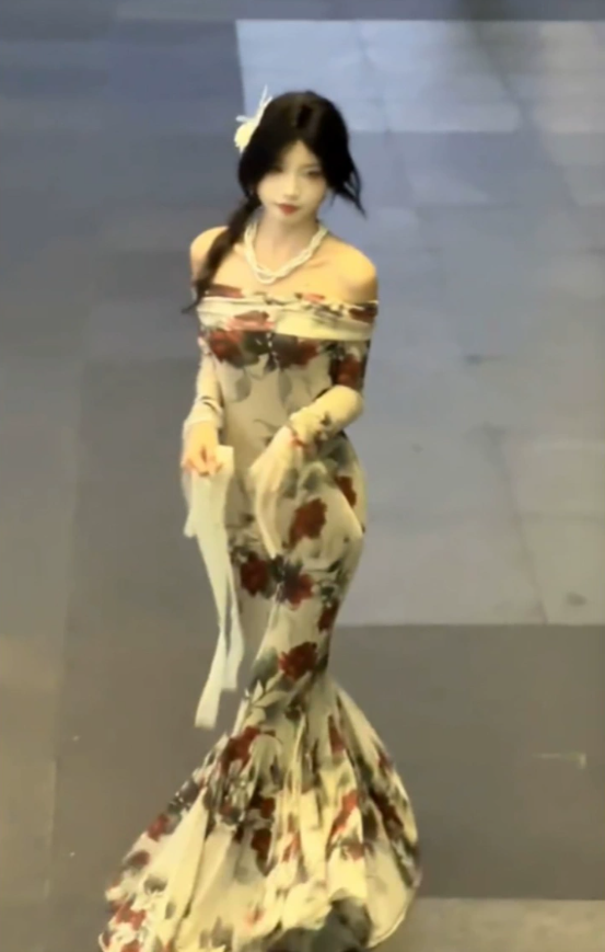 French retro rose print off-shoulder dress for women mermaid vintage dress S5756