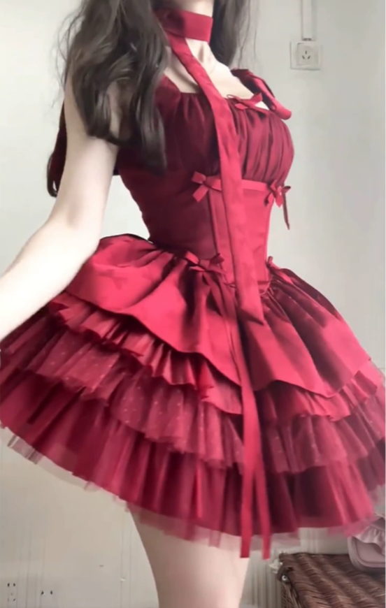 French red dress celebrity dress fluffy princess dress red S5757