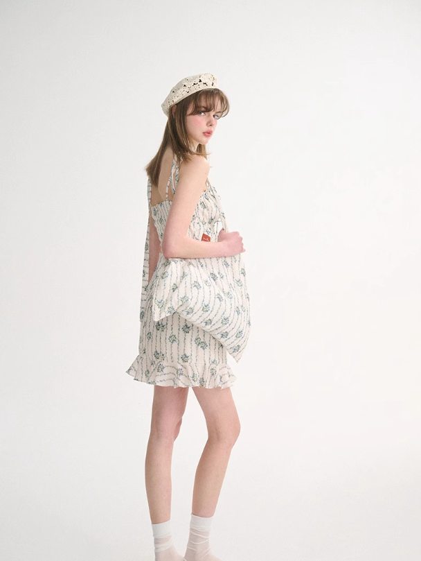 French halter neck suspender skirt ruffled floral skirt holiday style dress R2752