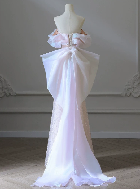 French Chic Blush Pink Beaded Celebrity Dress ,A-Line Strapless Bow Back Accessory Corset Maxi Evening Dress RS979
