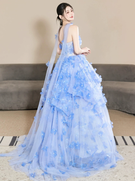 Elegant Blue Prom Dress ,A-Line Strapless Applique Corset Maxi Quinceanera Dress RS982