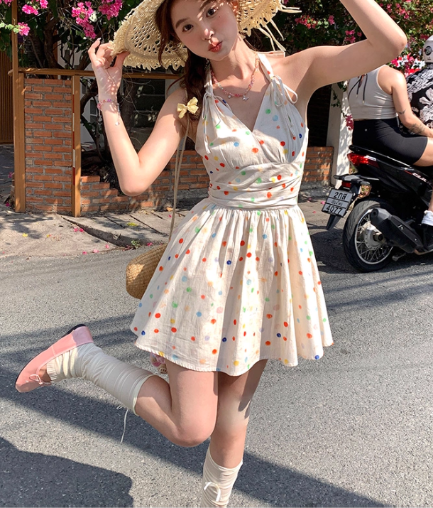 V-neck polka dot halter neck a-line dress women's summer French waist skirt R4661