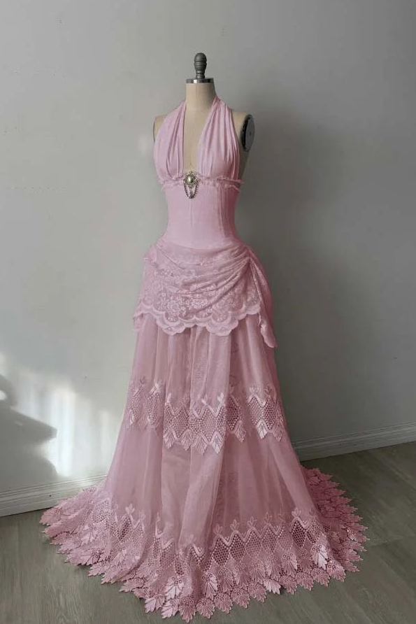 Soft Pink Prom Dress ,A-Line Halter Lace Decor Corset Maxi Summer Dress RS985