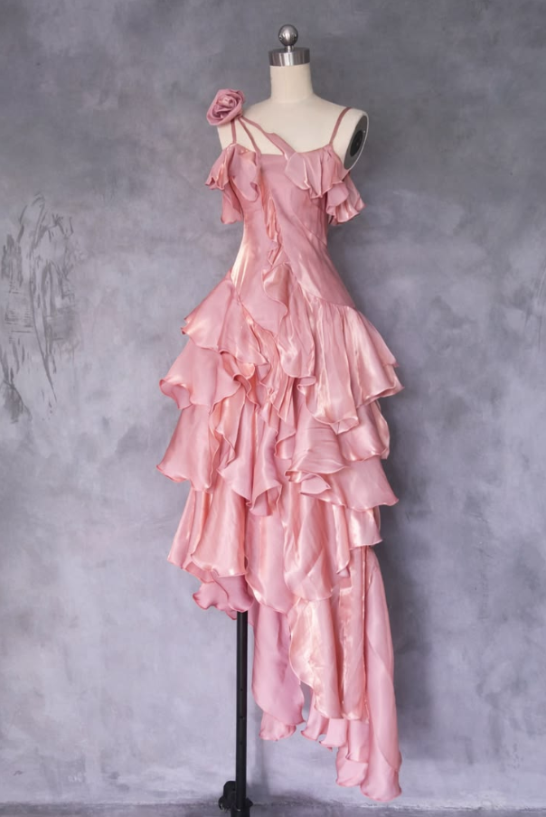 Charming Pink Silky Prom Dress ,A-Line Spaghetti Straps Frilled Corset Midi Party Dress RS986