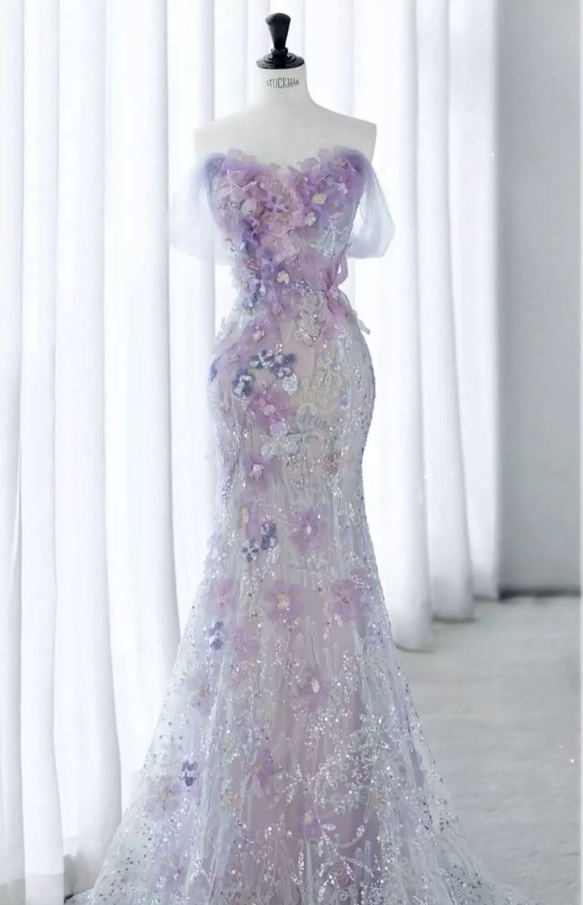 Dreamy Lavender Prom Dress ,Mermaid Off-the-shoulder Applique Glitter Corset Maxi Evening Dress RS989