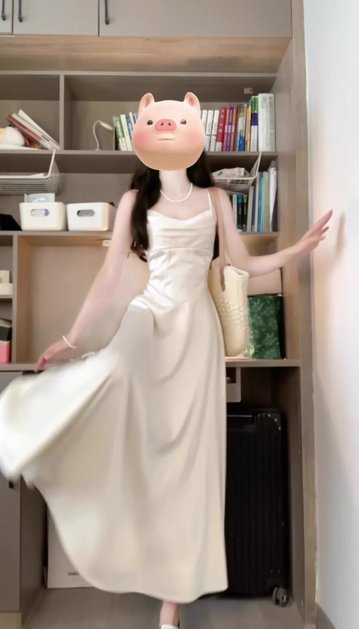 French high-end V-neck satin suspender dress gentle temperament celebrity waist banquet dress summer R0424