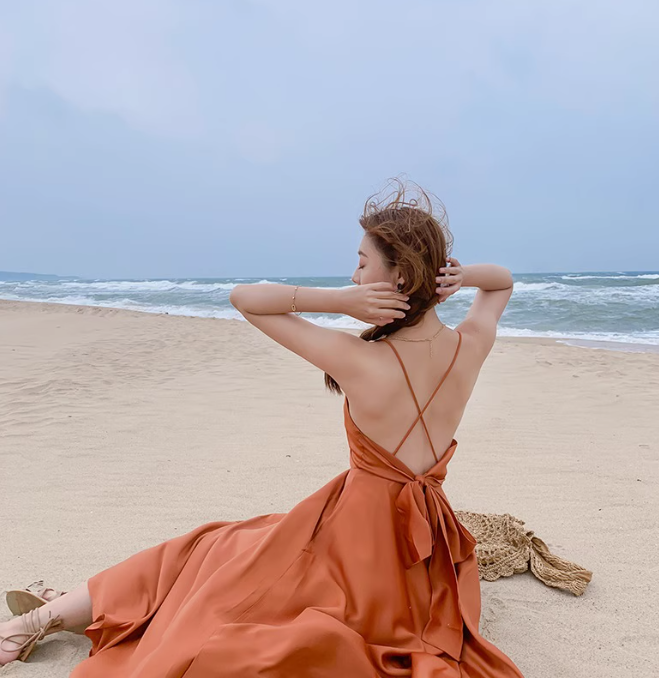 Super hot sling seaside holiday beach dress silk satin sexy backless travel long skirt R1529