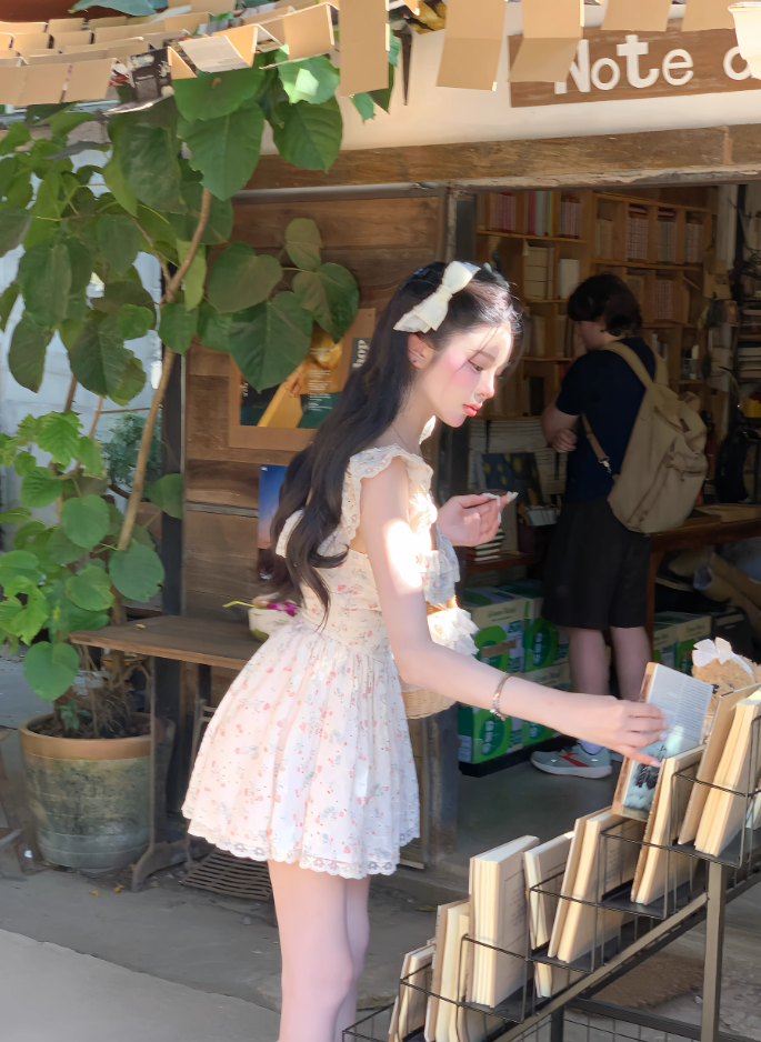 Pure desire style flying sleeves floral dress 2025 sweet waist a-line princess dress R1289