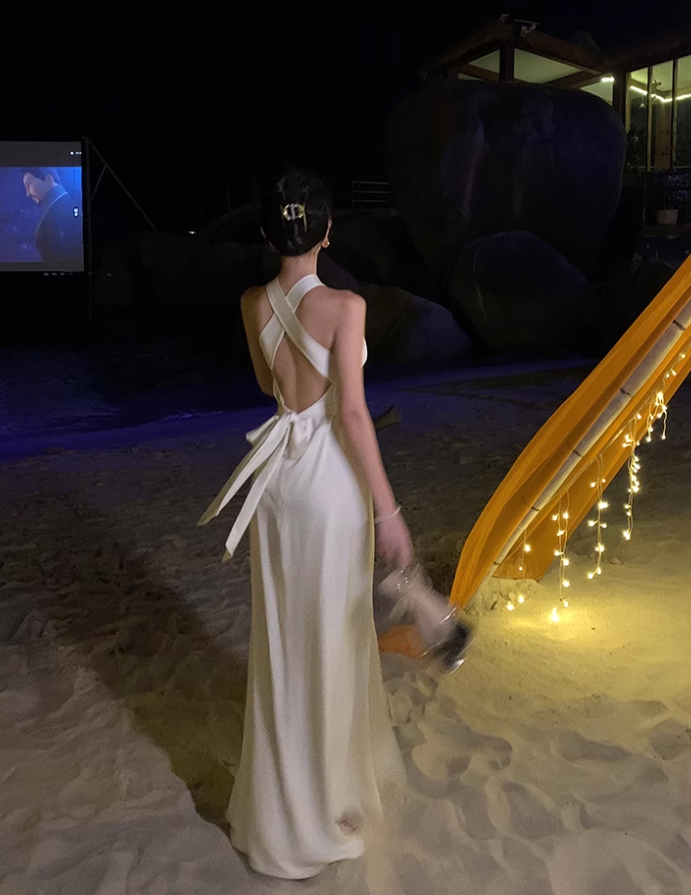 French halter neck slit satin dress backless sexy dress banquet temperament long dress R1617