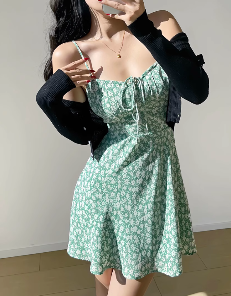 French retro pastoral style fresh green bottom small floral suspender dress short skirt R2825