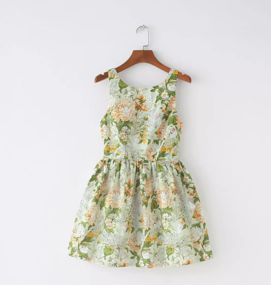 Cream style French floral solid color slimming waistband tank top dress new R2880