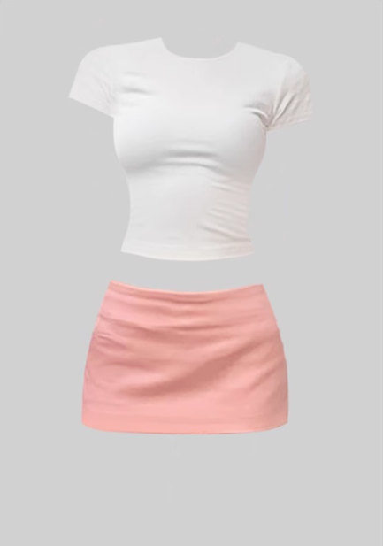 Pure desire design shoulder T-shirt 2025 sweet and spicy style low waist hip skirt suit R1324