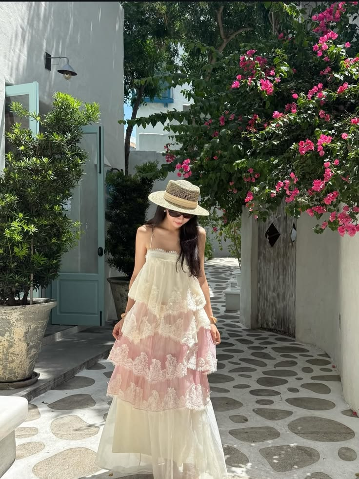 Sweet Ruffled Lace Trim Women's Prom Gown White and Pink Maxi Evening Dress Birthday Dress — Fall Outfit 2026 New RS3442