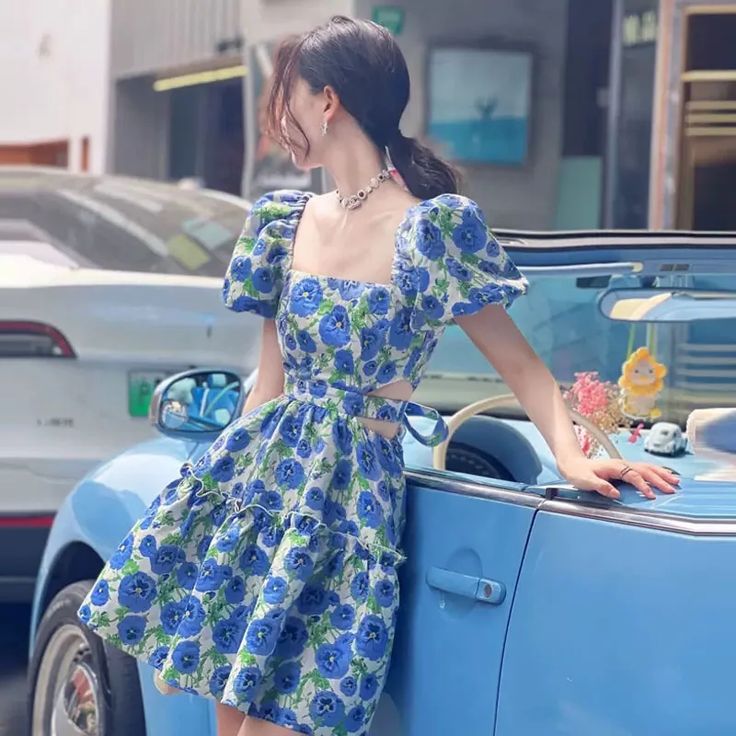 Vintage Blue Rose Puff Sleeve Waist Open Back Short Skirt Homecoming Dress R3441