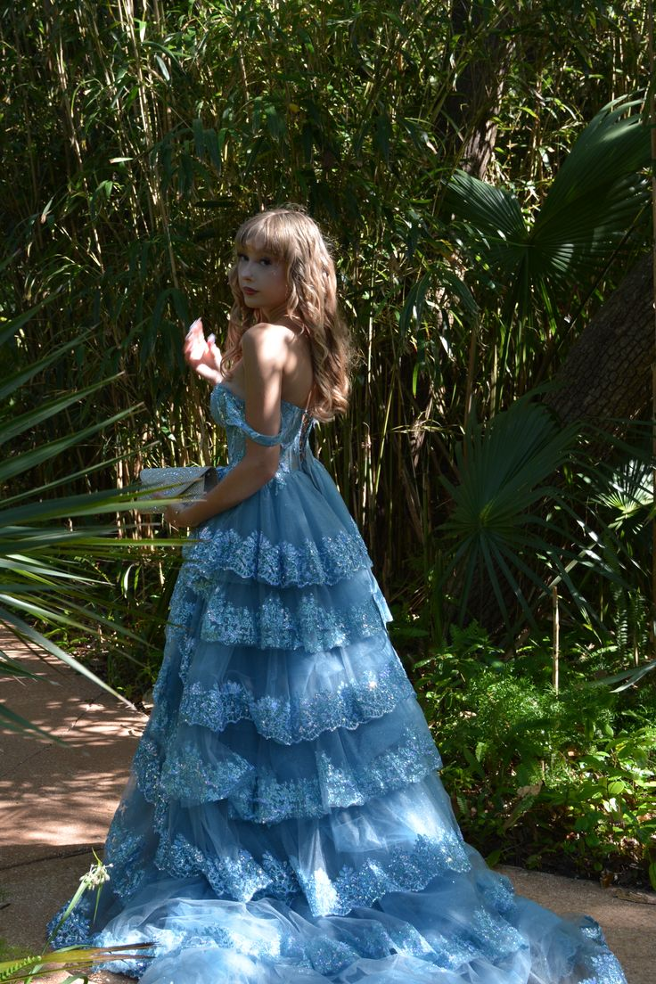 Hazy Tulle Ruffled Women's Prom Gown Baby Blue Waist Fitted Maxi Evening Dress Birthday Dress — Fall Outfit 2026 New RS3278